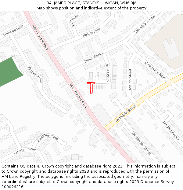 34, JAMES PLACE, STANDISH, WIGAN, WN6 0JA: Location map and indicative extent of plot
