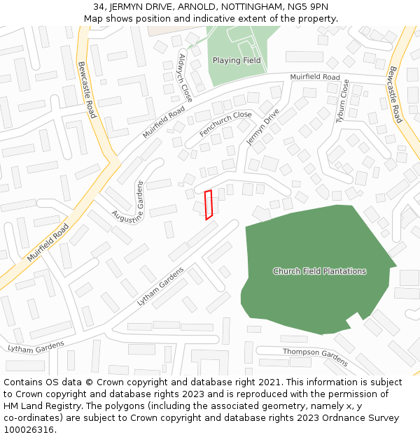 34, JERMYN DRIVE, ARNOLD, NOTTINGHAM, NG5 9PN: Location map and indicative extent of plot