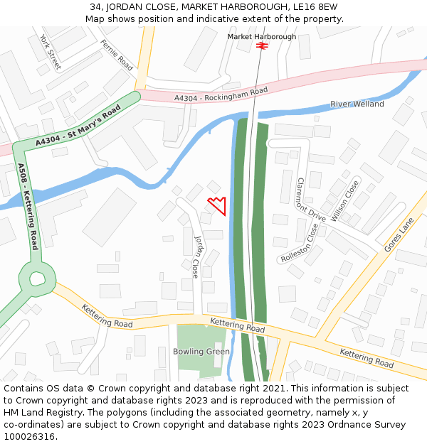34, JORDAN CLOSE, MARKET HARBOROUGH, LE16 8EW: Location map and indicative extent of plot