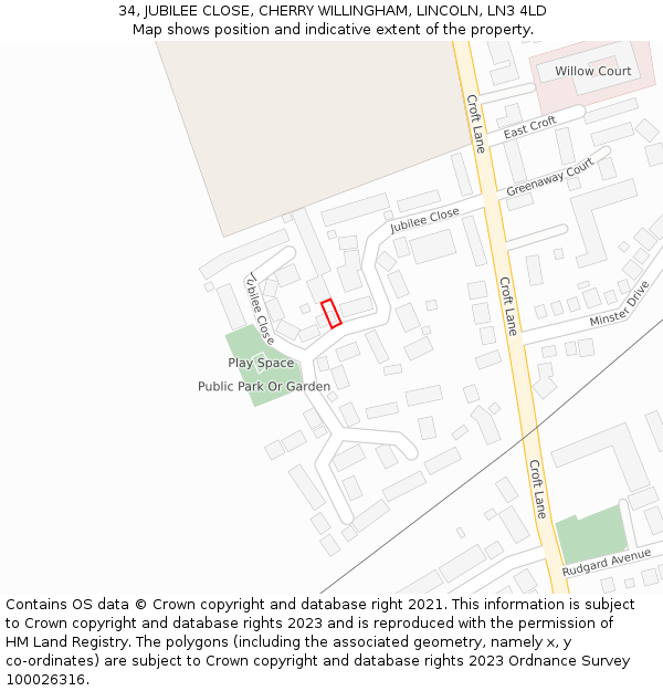 34, JUBILEE CLOSE, CHERRY WILLINGHAM, LINCOLN, LN3 4LD: Location map and indicative extent of plot