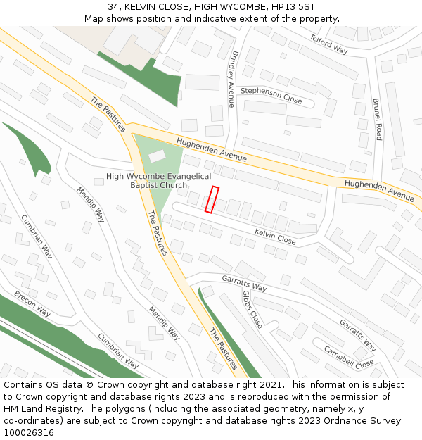 34, KELVIN CLOSE, HIGH WYCOMBE, HP13 5ST: Location map and indicative extent of plot