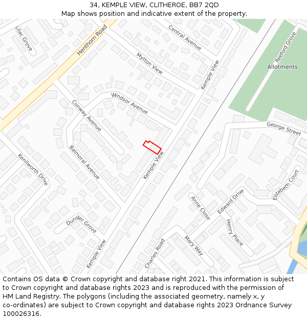 34, KEMPLE VIEW, CLITHEROE, BB7 2QD: Location map and indicative extent of plot