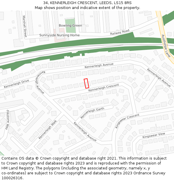 34, KENNERLEIGH CRESCENT, LEEDS, LS15 8RS: Location map and indicative extent of plot