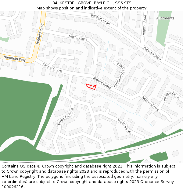34, KESTREL GROVE, RAYLEIGH, SS6 9TS: Location map and indicative extent of plot