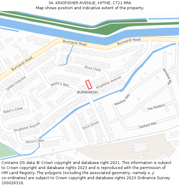 34, KINGFISHER AVENUE, HYTHE, CT21 6RA: Location map and indicative extent of plot