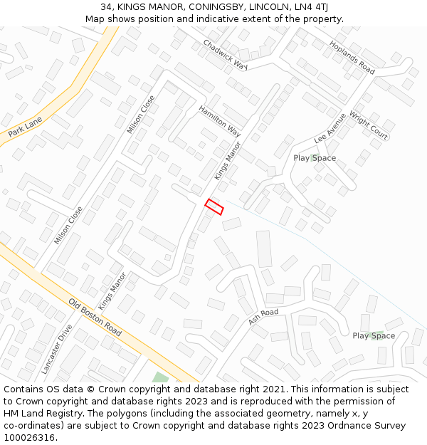 34, KINGS MANOR, CONINGSBY, LINCOLN, LN4 4TJ: Location map and indicative extent of plot