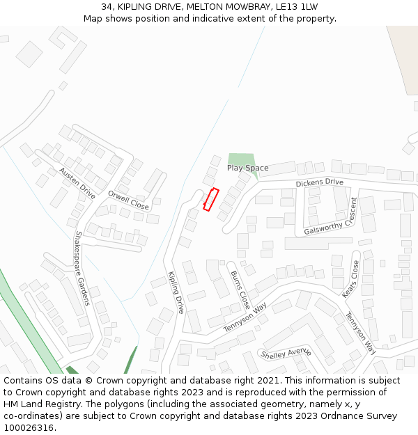 34, KIPLING DRIVE, MELTON MOWBRAY, LE13 1LW: Location map and indicative extent of plot