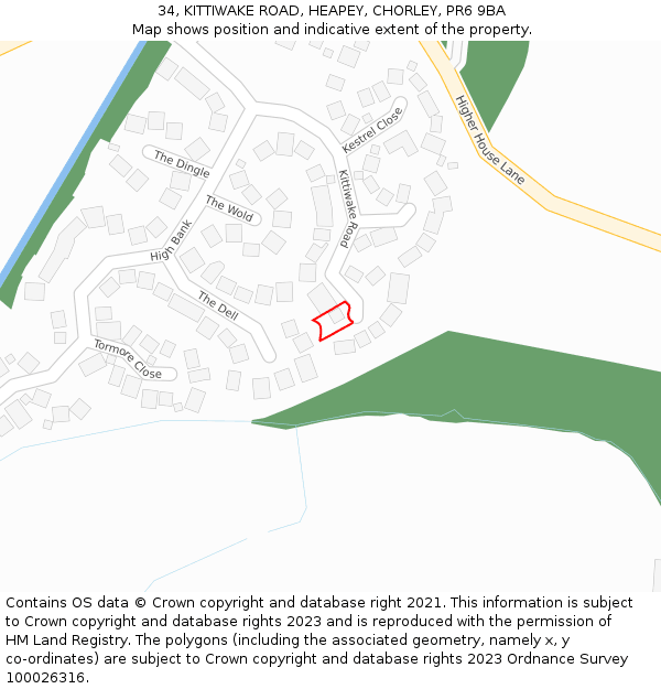 34, KITTIWAKE ROAD, HEAPEY, CHORLEY, PR6 9BA: Location map and indicative extent of plot