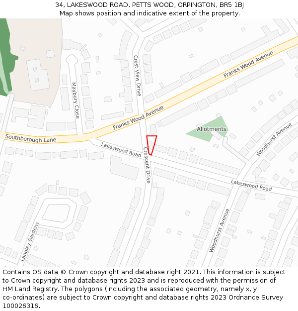 34, LAKESWOOD ROAD, PETTS WOOD, ORPINGTON, BR5 1BJ: Location map and indicative extent of plot