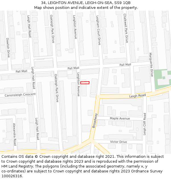 34, LEIGHTON AVENUE, LEIGH-ON-SEA, SS9 1QB: Location map and indicative extent of plot