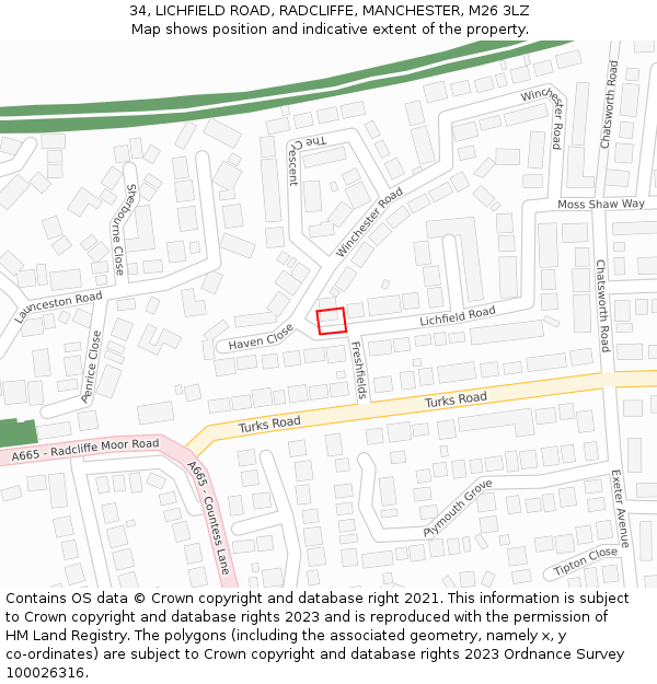 34, LICHFIELD ROAD, RADCLIFFE, MANCHESTER, M26 3LZ: Location map and indicative extent of plot