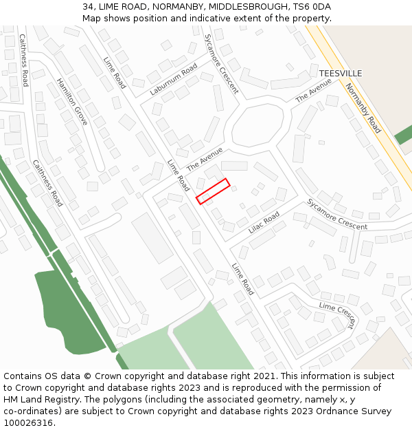 34, LIME ROAD, NORMANBY, MIDDLESBROUGH, TS6 0DA: Location map and indicative extent of plot
