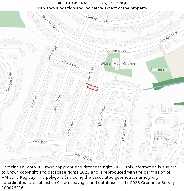 34, LINTON ROAD, LEEDS, LS17 8QH: Location map and indicative extent of plot