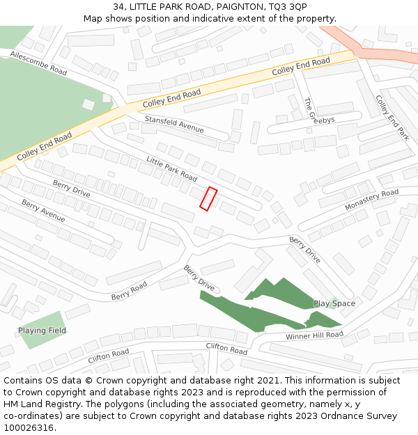 34, LITTLE PARK ROAD, PAIGNTON, TQ3 3QP: Location map and indicative extent of plot