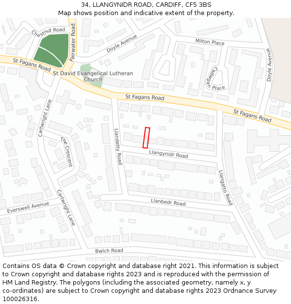 34, LLANGYNIDR ROAD, CARDIFF, CF5 3BS: Location map and indicative extent of plot