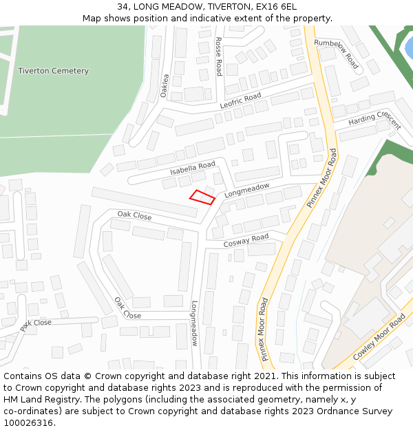 34, LONG MEADOW, TIVERTON, EX16 6EL: Location map and indicative extent of plot