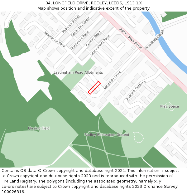 34, LONGFIELD DRIVE, RODLEY, LEEDS, LS13 1JX: Location map and indicative extent of plot