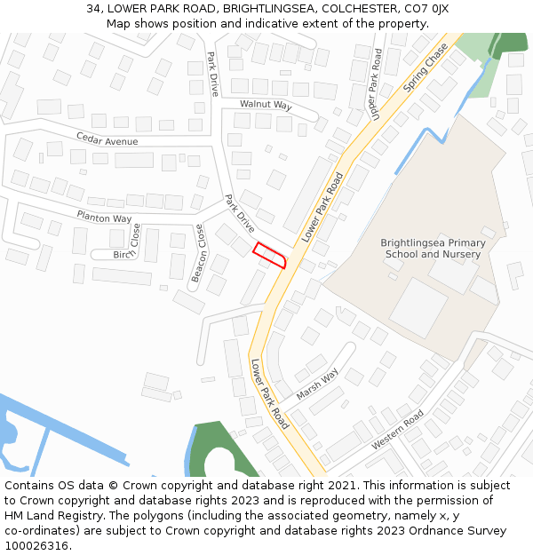 34, LOWER PARK ROAD, BRIGHTLINGSEA, COLCHESTER, CO7 0JX: Location map and indicative extent of plot