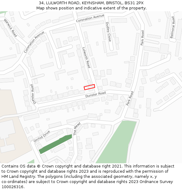 34, LULWORTH ROAD, KEYNSHAM, BRISTOL, BS31 2PX: Location map and indicative extent of plot