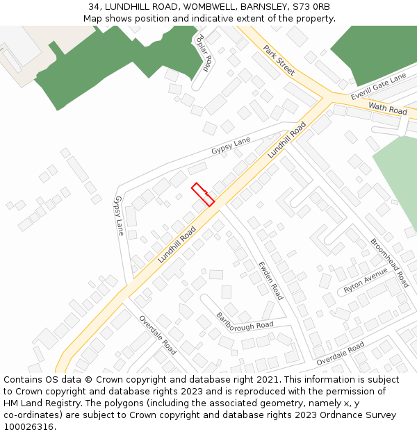 34, LUNDHILL ROAD, WOMBWELL, BARNSLEY, S73 0RB: Location map and indicative extent of plot