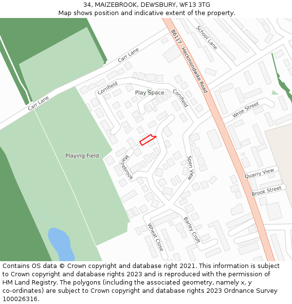 34, MAIZEBROOK, DEWSBURY, WF13 3TG: Location map and indicative extent of plot