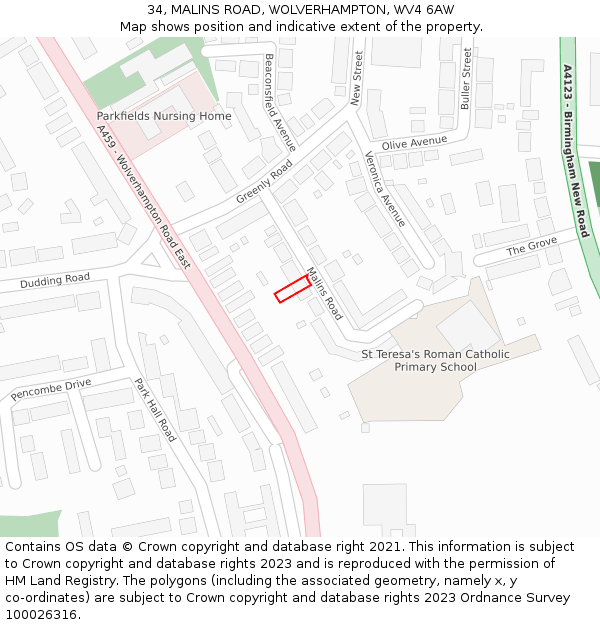 34, MALINS ROAD, WOLVERHAMPTON, WV4 6AW: Location map and indicative extent of plot