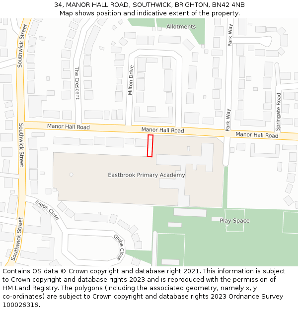 34, MANOR HALL ROAD, SOUTHWICK, BRIGHTON, BN42 4NB: Location map and indicative extent of plot