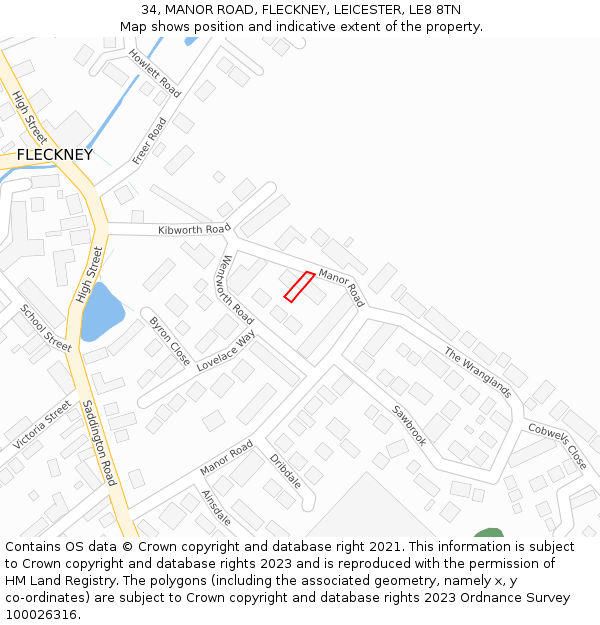34, MANOR ROAD, FLECKNEY, LEICESTER, LE8 8TN: Location map and indicative extent of plot