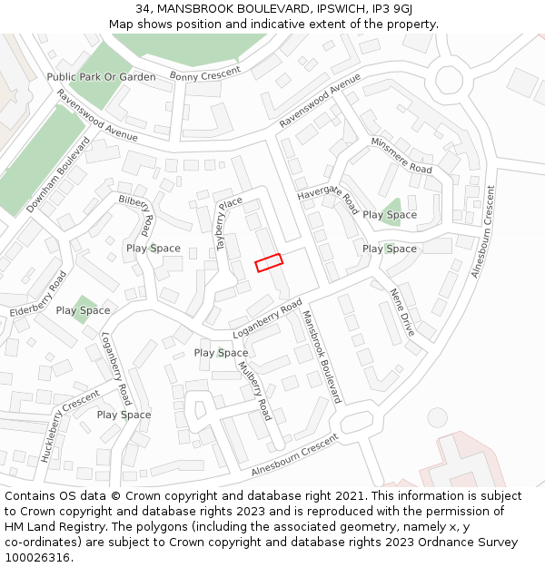 34, MANSBROOK BOULEVARD, IPSWICH, IP3 9GJ: Location map and indicative extent of plot