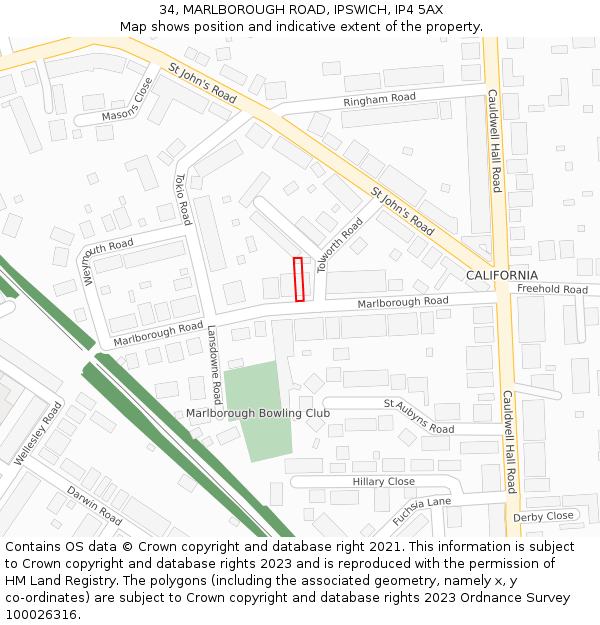 34, MARLBOROUGH ROAD, IPSWICH, IP4 5AX: Location map and indicative extent of plot
