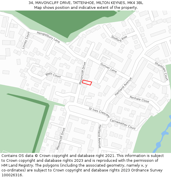 34, MAVONCLIFF DRIVE, TATTENHOE, MILTON KEYNES, MK4 3BL: Location map and indicative extent of plot