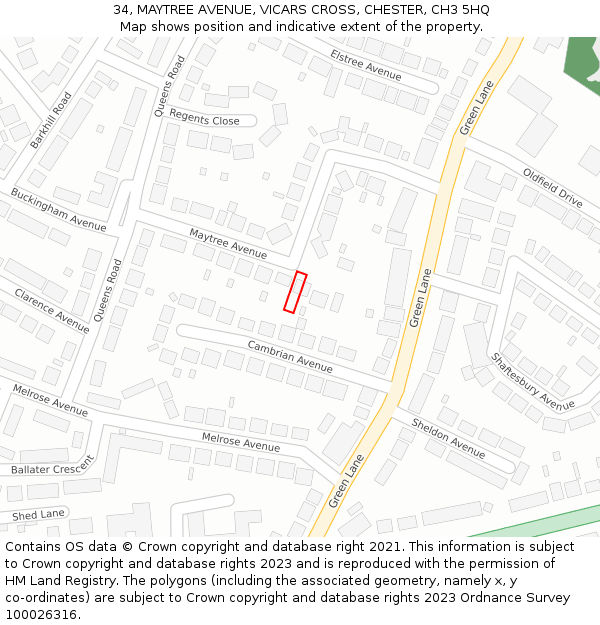 34, MAYTREE AVENUE, VICARS CROSS, CHESTER, CH3 5HQ: Location map and indicative extent of plot