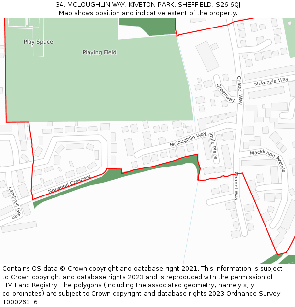 34, MCLOUGHLIN WAY, KIVETON PARK, SHEFFIELD, S26 6QJ: Location map and indicative extent of plot
