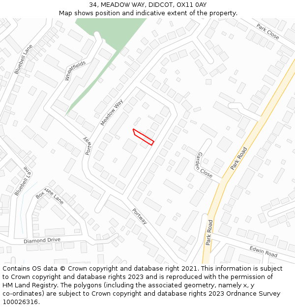 34, MEADOW WAY, DIDCOT, OX11 0AY: Location map and indicative extent of plot