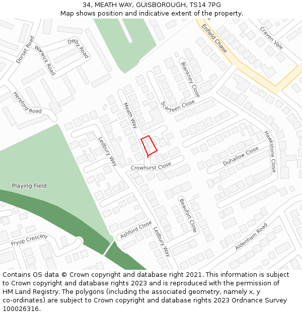 34, MEATH WAY, GUISBOROUGH, TS14 7PG: Location map and indicative extent of plot