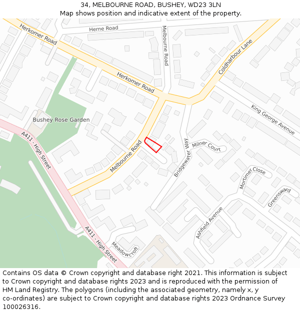 34, MELBOURNE ROAD, BUSHEY, WD23 3LN: Location map and indicative extent of plot