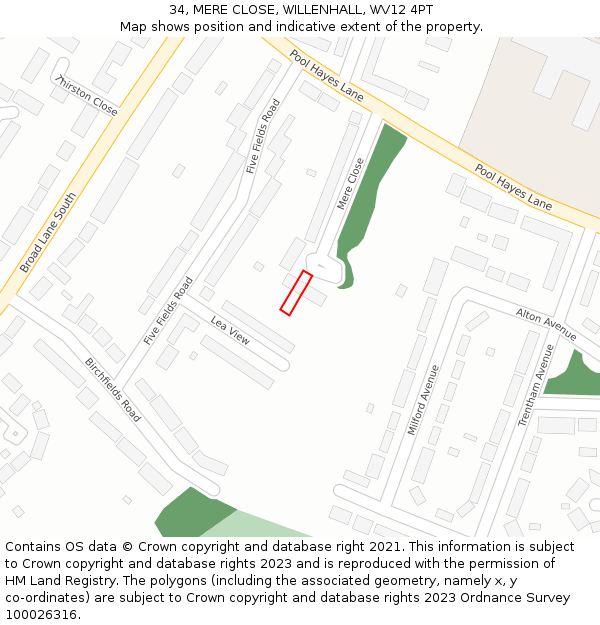 34, MERE CLOSE, WILLENHALL, WV12 4PT: Location map and indicative extent of plot