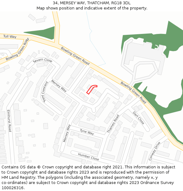 34, MERSEY WAY, THATCHAM, RG18 3DL: Location map and indicative extent of plot