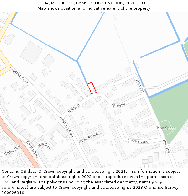 34, MILLFIELDS, RAMSEY, HUNTINGDON, PE26 1EU: Location map and indicative extent of plot