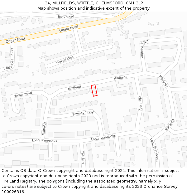 34, MILLFIELDS, WRITTLE, CHELMSFORD, CM1 3LP: Location map and indicative extent of plot
