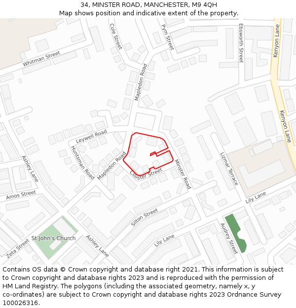 34, MINSTER ROAD, MANCHESTER, M9 4QH: Location map and indicative extent of plot