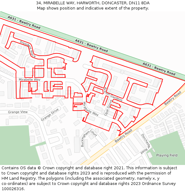34, MIRABELLE WAY, HARWORTH, DONCASTER, DN11 8DA: Location map and indicative extent of plot