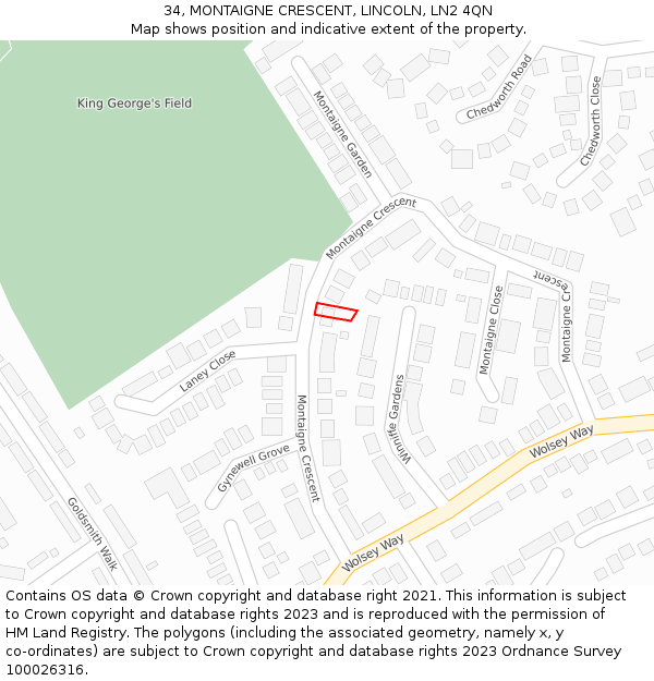 34, MONTAIGNE CRESCENT, LINCOLN, LN2 4QN: Location map and indicative extent of plot