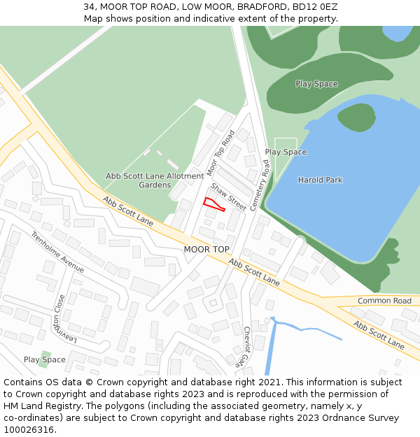 34, MOOR TOP ROAD, LOW MOOR, BRADFORD, BD12 0EZ: Location map and indicative extent of plot