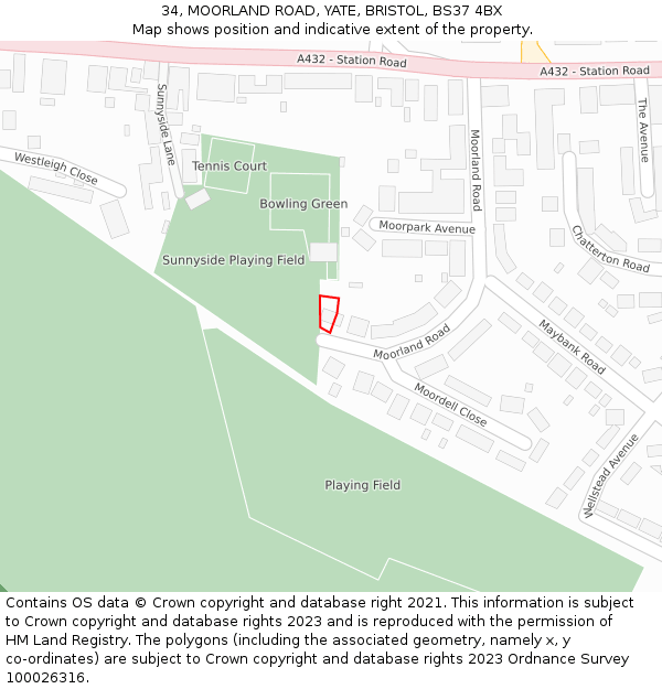 34, MOORLAND ROAD, YATE, BRISTOL, BS37 4BX: Location map and indicative extent of plot