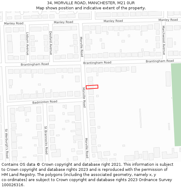 34, MORVILLE ROAD, MANCHESTER, M21 0UR: Location map and indicative extent of plot