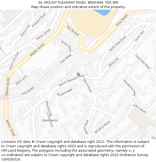 34, MOUNT PLEASANT ROAD, BRIXHAM, TQ5 9RY: Location map and indicative extent of plot