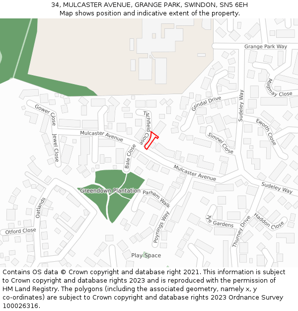 34, MULCASTER AVENUE, GRANGE PARK, SWINDON, SN5 6EH: Location map and indicative extent of plot