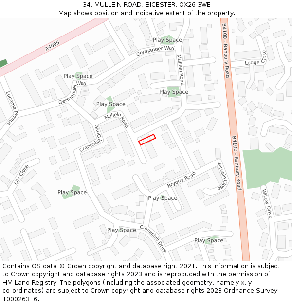 34, MULLEIN ROAD, BICESTER, OX26 3WE: Location map and indicative extent of plot