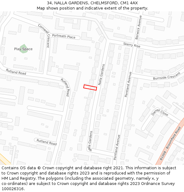 34, NALLA GARDENS, CHELMSFORD, CM1 4AX: Location map and indicative extent of plot